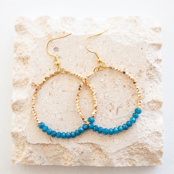 Blue Apatite Sparkly Gold Hoop Earrings Fun dangle party earrings gift for her - Picture 5 of 10